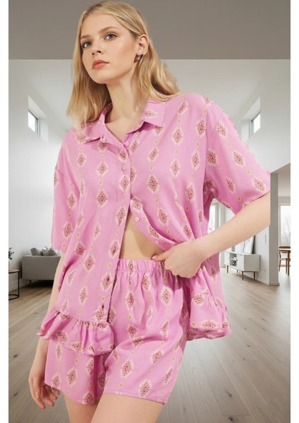 Rahat Viskoz Pijama Takımı Etnik Desenli Şortlu Yazlık Premium Kalite Zarifane Tasarım