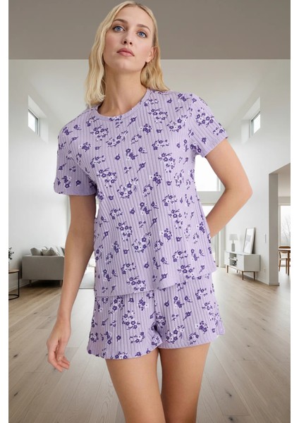 Rahat Homewear Çiçekli Örme Pijama Takımı Kısa Kol Regular Dayanıklı Malzeme
