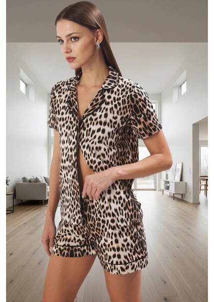 Yazlık Şortlu Pijama Takımı %100 Pamuk Leopar Desen Regular Kalıp Ev Giyim Seti Kaliteli Işçilik
