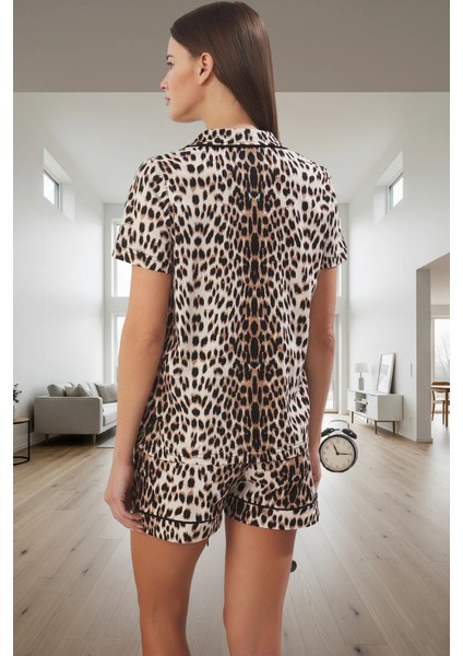 Yazlık Şortlu Pijama Takımı %100 Pamuk Leopar Desen Regular Kalıp Ev Giyim Seti Kaliteli Işçilik modelleri