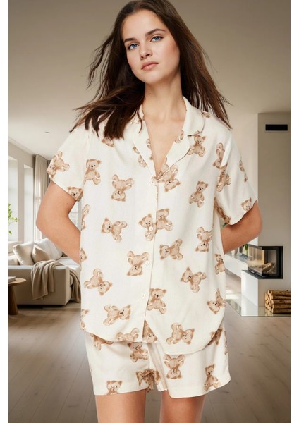 Dokuma Viskoz Pijama Takımı Şortlu Ayıcıklı Desen Rahat Yazlık Ev Için Seçkin Malzeme