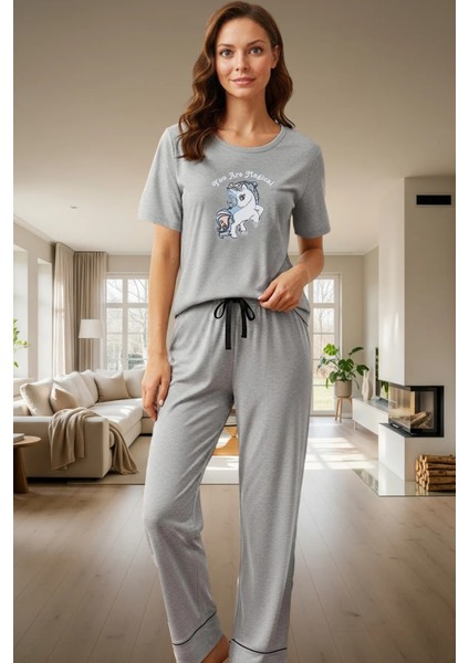 Rahat Pamuklu Pijama Takımı; Unicorn Baskı Melanj Regular Kalıp Günlük Kullanım Için