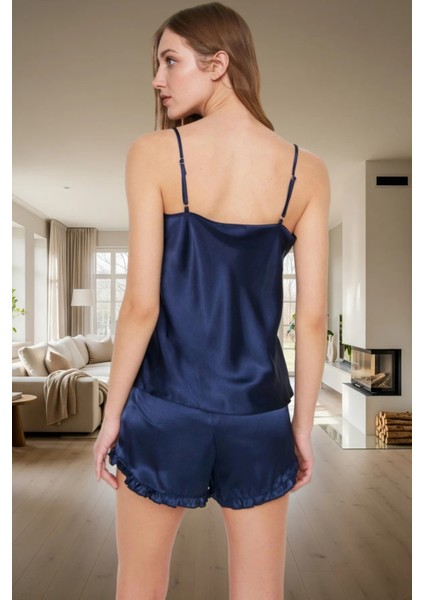 Rahat Yazlık Pijama Takımı Saten Şortlu Fırfırlı Kolsuz 100% Polyester Dayanıklı Malzeme modelleri