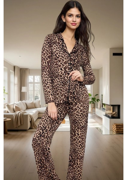 Şık Leopar Desenli Örme Pijama Takımı Viskoz ve Elastan Karışımı Rahat Kalıp Özel Tasarım fiyatları