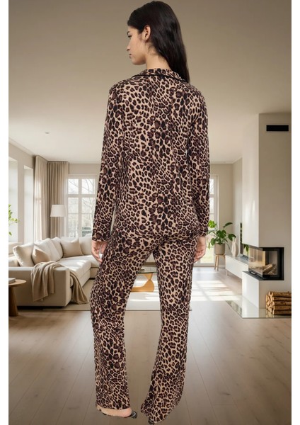 Şık Leopar Desenli Örme Pijama Takımı Viskoz ve Elastan Karışımı Rahat Kalıp Özel Tasarım modelleri