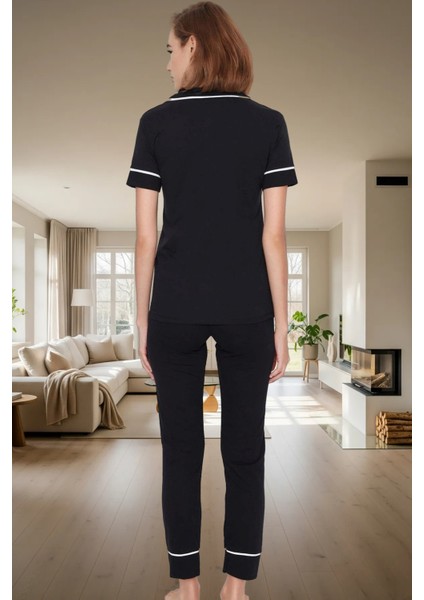 Kısa Kollu Örme Pijama Takımı Kuzu Baskılı Rahat Kalıp Pamuklu Kullanım modelleri