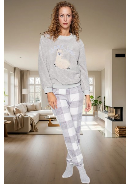 Lama Desenli Kışlık Pijama Takımı Wellsoft Örme Rahat ve Sıcak Şık Trend Tasarım