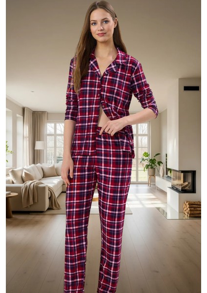 Evde Rahatlık Için Ekose Desenli Örme Pijama Takımı Uzun Paça Kol Modern Stil Özenle Seçilmiş