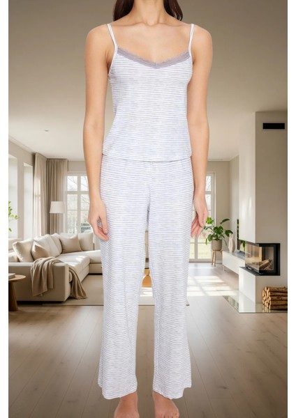 Ince Askılı Pamuklu Pijama Takımı Çizgili Desen V Yaka Regular Kalıp Yüksek Kalite Rahat Kullanım modelleri