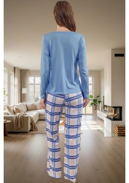 100 Pamuk Örme Pijama Takımı Ekose V Yaka Boru Paça Rahat Özel Tasarım Trend