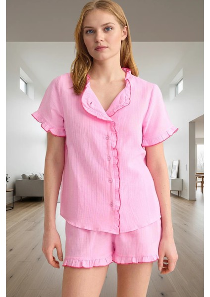 Yazlık Pamuklu Pijama Takımı Müslin Kumaş Regular Kalıp Boru Paça Şort Şık Görünüm Rahat ve