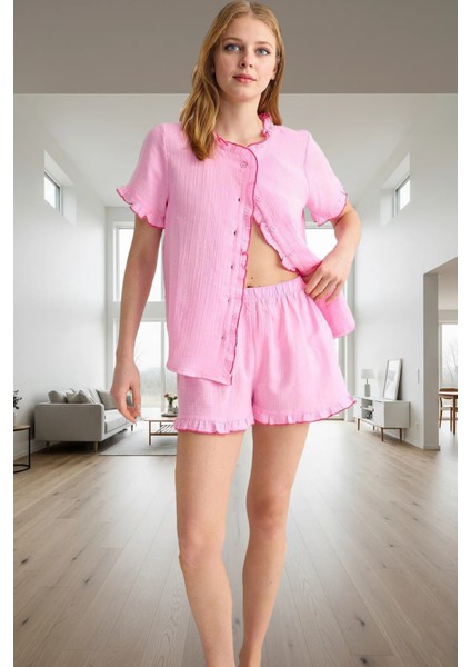 Yazlık Pamuklu Pijama Takımı Müslin Kumaş Regular Kalıp Boru Paça Şort Şık Görünüm Rahat ve fiyatları