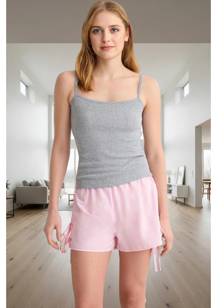 Homewear Çok Pamuklu Ince Askılı Bağlamalı Pijama Takımı Kaliteli Işçilik Uzun Ömürlü