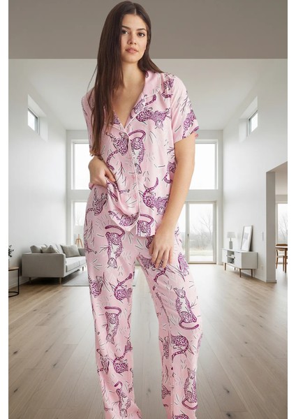 Rahat ve Şık Hayvan Desenli Viskoz Pijama Takımı Tüm Sezonlar Için Trend Tasarım