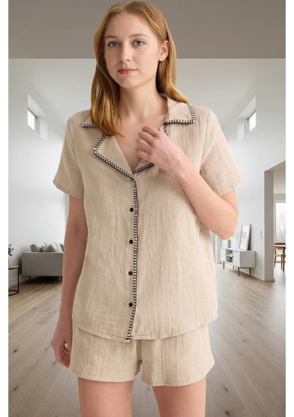 Yazlık Pijama Takımı %100 Pamuk Müslin Karyoka Dikiş Detayı Günlük Kullanım Için