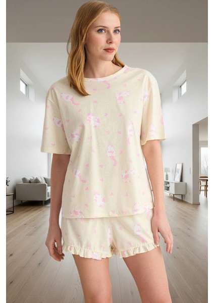 Yumuşak Pamuklu Kedi Desenli Fırfırlı Pijama Takımı Profesyonel Görünüm Şık