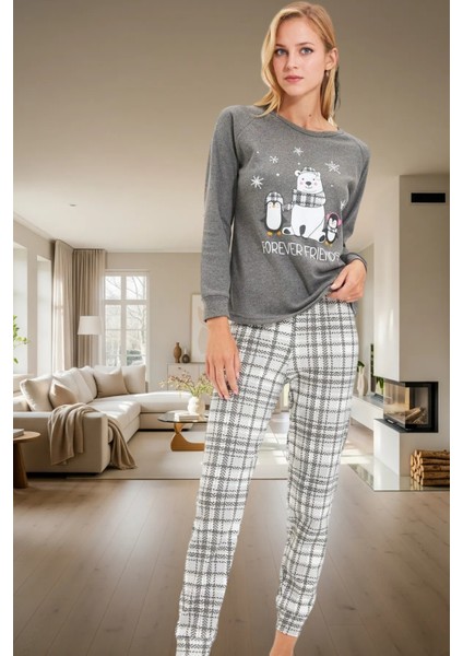 Yumoş Örme Pijama Takımı; Ayıcık Penguen Baskı Ekose Kışlık Rahat Yüksek Kalite