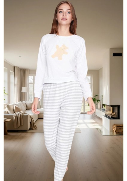 Ayıcıklı Desenli Rahat Pijama Takımı %100 Pamuk Çizgiler Lastikli Paça Uzun Ömürlü