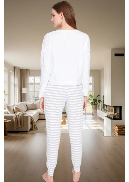 Ayıcıklı Desenli Rahat Pijama Takımı %100 Pamuk Çizgiler Lastikli Paça Uzun Ömürlü modelleri
