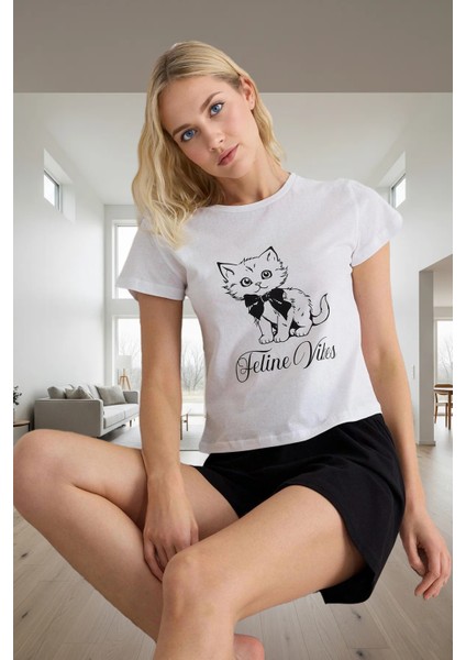 Yazlık Rahat Pijama Takımı; Kedi Baskılı Viskoz Regular Günlük Kullanım Için fiyatları