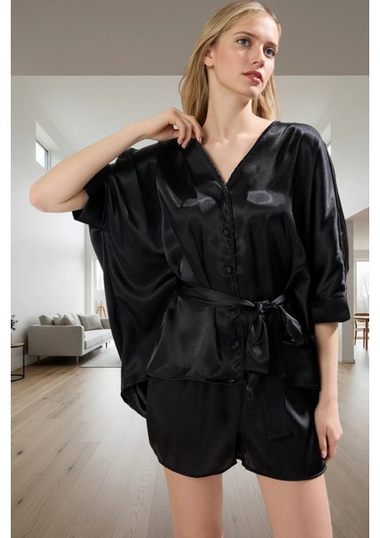 100 Polyester Saten Pijama Takımı Rahat Şal Yaka Boru Paça Modern Stil Yüksek Kalite