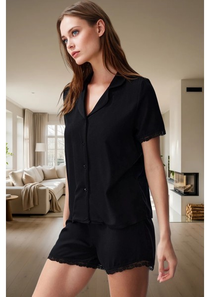 Shally Dokuma Viskon Pijama Dantelli Yazlık Rahat Modern Stil Şık Görünüm Mükemmel Uyum