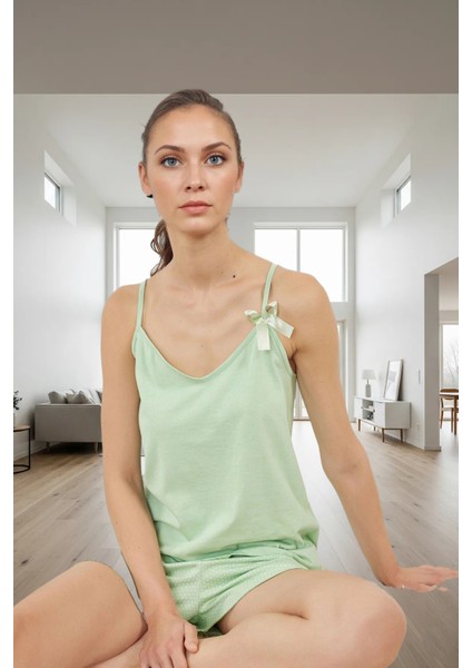 Şortlu Pijama Takımı Örme Viskoz Kumaş Puantiyeli Rahat Kalıp Yaz Için Ideal Kullanım