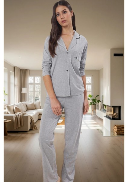 Baskılı Örme Pijama Takımı Pamuklu Regular Uzun Paça Gömlek Yaka Ev Konforu Konforlu Kesim