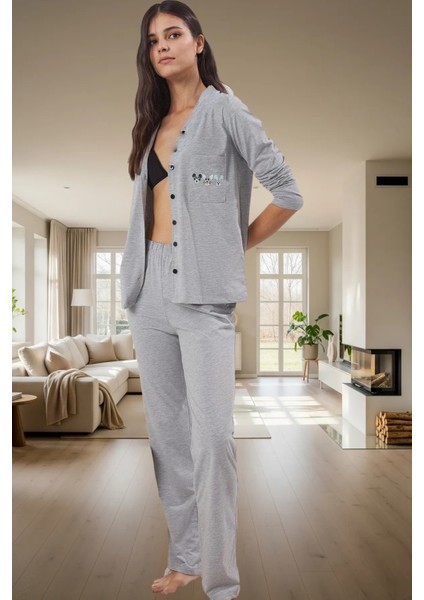 Baskılı Örme Pijama Takımı Pamuklu Regular Uzun Paça Gömlek Yaka Ev Konforu Konforlu Kesim fiyatları