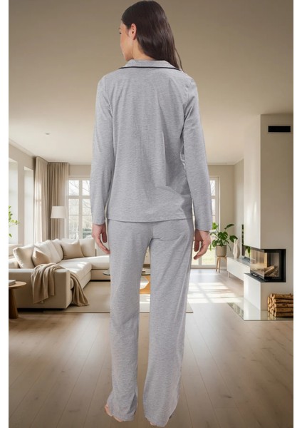 Baskılı Örme Pijama Takımı Pamuklu Regular Uzun Paça Gömlek Yaka Ev Konforu Konforlu Kesim modelleri