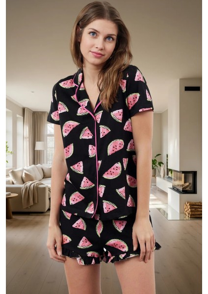 Rahat %100 Pamuklu Karpuz Desenli Pijama Takımı Kısa Kollu Boru Paça Regular Kalıp Konforlu Kesim