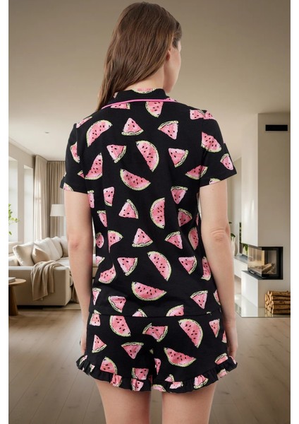 Rahat %100 Pamuklu Karpuz Desenli Pijama Takımı Kısa Kollu Boru Paça Regular Kalıp Konforlu Kesim modelleri