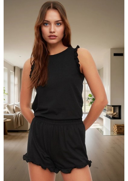 Pamuklu Örme Pijama Takımı Kalpli Desenli Büzgülü Kol Kısa Paça Regular Kalıp Konforlu Kesim