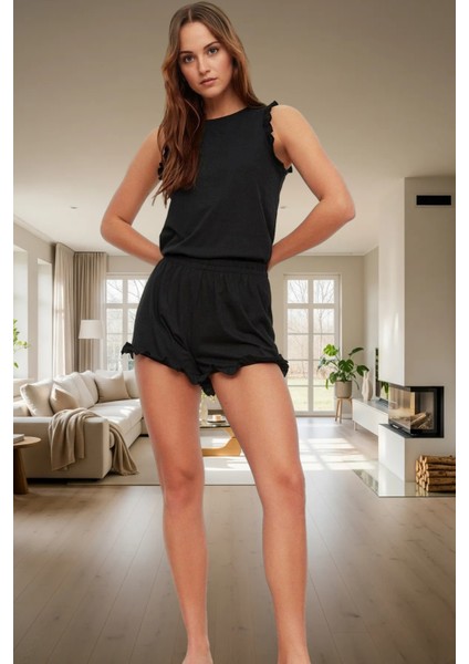 Pamuklu Örme Pijama Takımı Kalpli Desenli Büzgülü Kol Kısa Paça Regular Kalıp Konforlu Kesim fiyatları