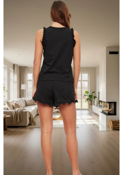 Pamuklu Örme Pijama Takımı Kalpli Desenli Büzgülü Kol Kısa Paça Regular Kalıp Konforlu Kesim modelleri