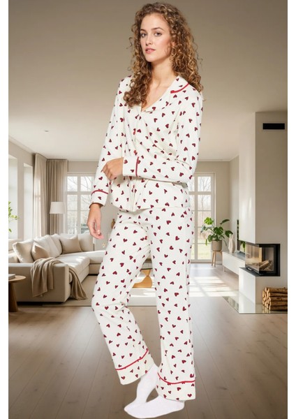 Pamuklu Kalpli Pijama Takımı Regular Kalıp Uzun Kollu Kışlık Trend Tasarım Dayanıklı Malzeme fiyatları