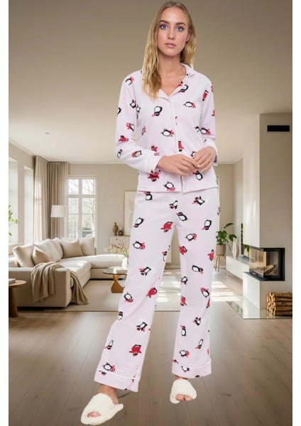 Rahat Kışlık Pijama Takımı Penguen Desenli Polar Örme Boru Paça Konforlu Kesim