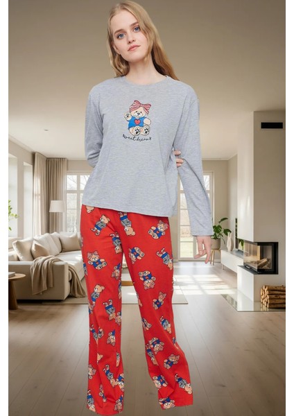 Ayıcıklı Kadın Pijama Takımı; Kışlık Rahat ve 2'li Set Zarifane Tasarım