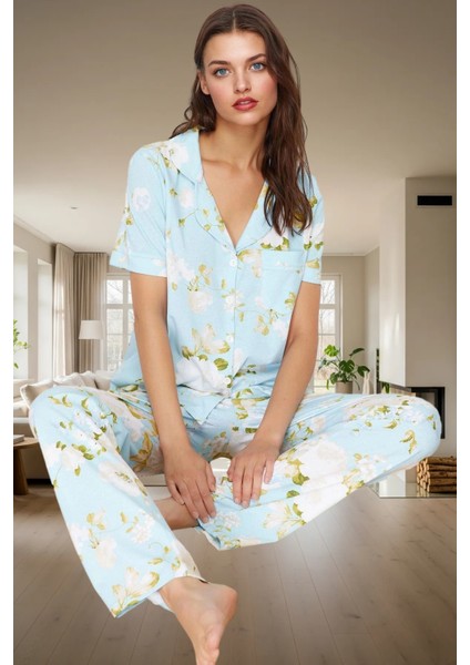 Çiçek Desenli Pamuk Pijama Takımı Regular Kalıp Boru Paça Evde Rahatlık Rahat Kullanım