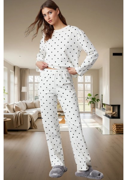Puantiyeli Kalpli Pamuklu Pijama Takımı Renk 2 Parçalı Uzun Kollu Rahat Kullanım fiyatları