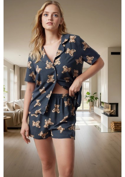 Ayıcıklı Viskoz Pijama Yazlık Rahat Şortlu 2'li Takım Ev Giyim Özel Tasarım Yüksek Kalite