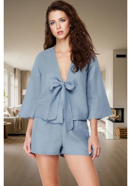 Ev Giyim Takımı %100 Pamuk Müslin Regular Kalıp Rahat Şort ve Gömlek Profesyonel Görünüm