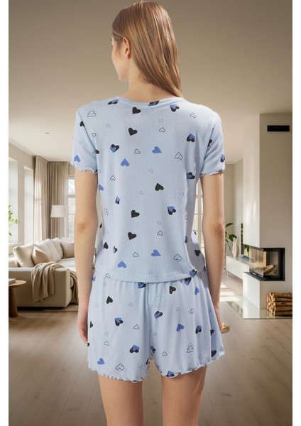 Rahat Yazlık Pijama Takımı Kalpli Desen Örme Kumaş Lastikli Şort Yüksek Kalite Mükemmel Uyum fiyatları