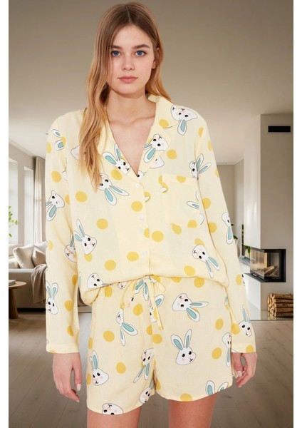 Şortlu Pijama Takımı Tavşan Desenli 100% Viskon Dokuma Kumaş Regular Kalıp Rahat Uyku