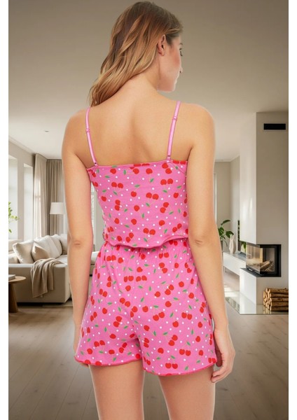 Kiraz Desenli Örme Pamuklu Pijama Ince Askılı ve Şortlu Rahat Kullanım Trend Tasarım modelleri