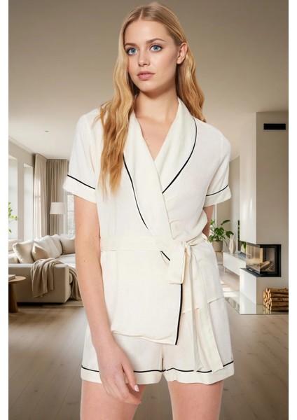 Rahat Homewear Viskon Pijama Takımı Kruvaze Yaka Kısa Kollu Dayanıklı Malzeme Trend Tasarım