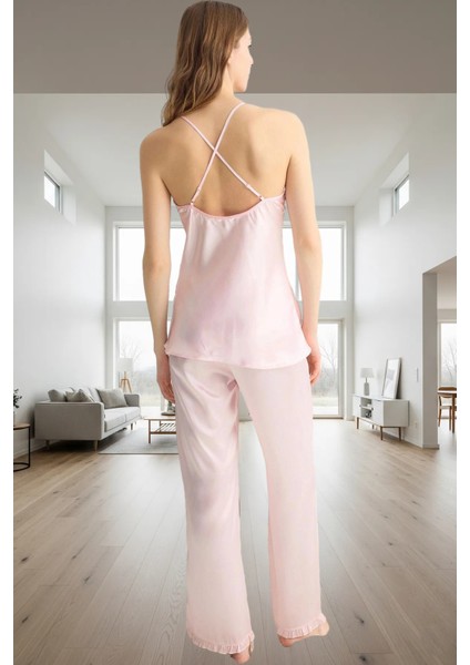 2'li Fırfırlı Saten Pijama Takımı Şık Ev Giyim Seti %100 Polyester Mükemmel Uyum modelleri