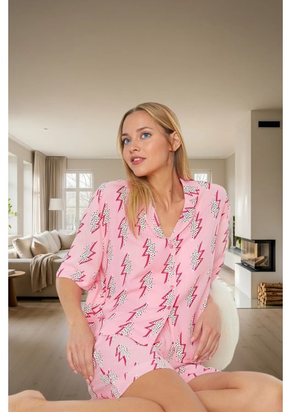 Baskılı Viskoz Pijama Takımı Shally Dokuma Kısa Paça Rahat Günlük Kullanım Için