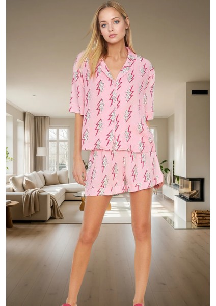 Baskılı Viskoz Pijama Takımı Shally Dokuma Kısa Paça Rahat Günlük Kullanım Için fiyatları