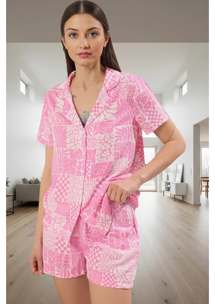 Rahat Kalıp Etnik Desenli Viskoz Pijama Takımı Yazlık Şortlu Gömlek Dayanıklı Malzeme